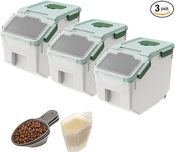 Lifewit 3 Pack 10L/10lb Flour Storage Containers with Scoop, Rice Dispenser Containers with Lid&Wheels, Suitable for Cereal, Pet Food, Dry Food, Baking Supplies in Kitchen/Pantry Organization