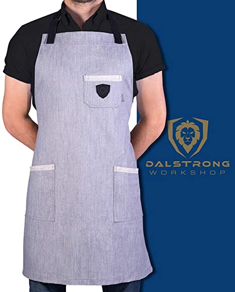 Dalstrong Professional Chef's Kitchen Apron - 100% Cotton Denim - 4 Storage Pockets - Liquid Repellent Coating - Genuine Leather Accents - Adjustable Straps (The Gandalf - 100% Cotton Grey Denim)