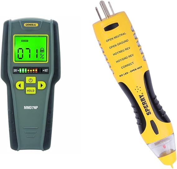 General Tools MMD7NP Moisture Meter, Pinless, Digital LCD & Sperry Instruments New Patent Pending Dual Check 2-In-1 Tester, 50-1000V AC Non-Contact Voltage Detector, GFCI Outlet Circuit Analyzer, 1/Ea