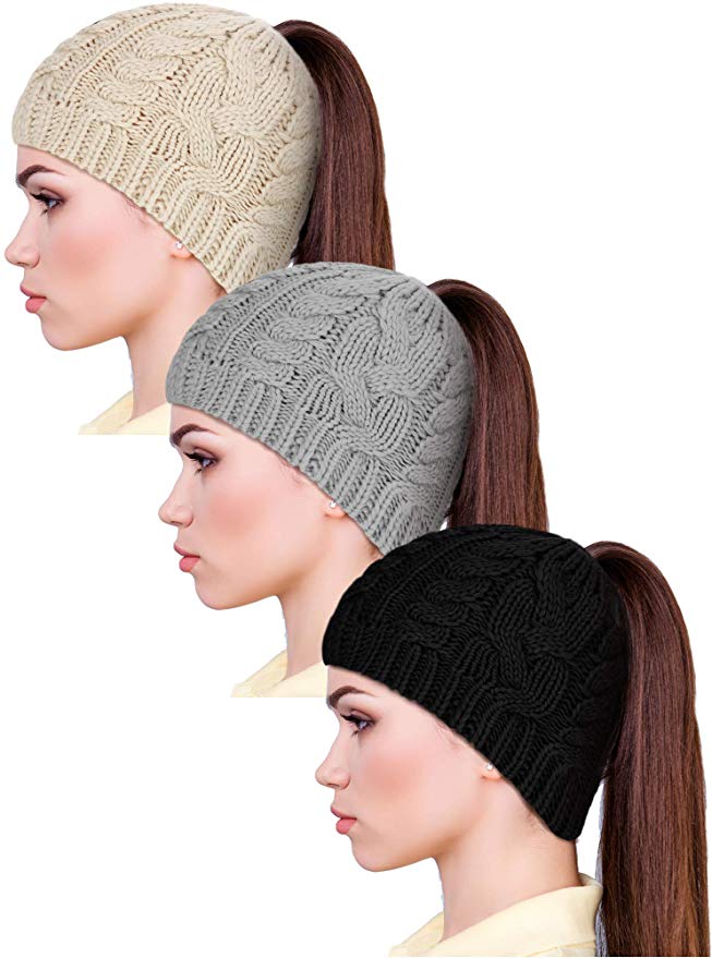 SATINIOR 3 Pieces Knit Ponytail Hat Messy Bun Beanie Cap Winter Warm Cap for Women