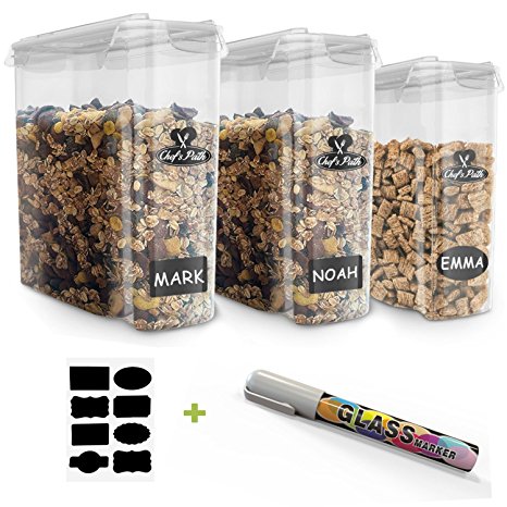 Chef’s Path Cereal Storage Container Set - 100% Airtight Best Dry Food Keepers - 8 FREE Chalkboard Labels & Pen - Great for Flour, Sugar & More - BPA Free Dispenser (16.9 Cup 135.2oz) 3-PC