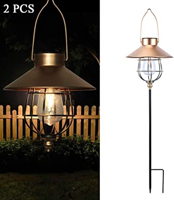 Hanging Solar Lights Outdoor with Metal Stakes,2 Pack Waterproof LED Edison Bulbs Garden Solar Pathway Lights lamp for Patio Yard Lawn Landscape Tree Decor,Gold