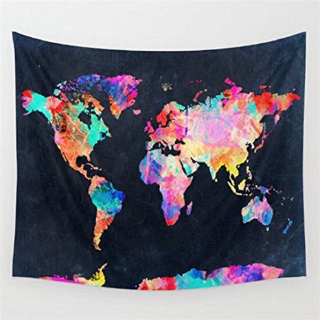 Tapestry Wall Hanging World Map Wall Tapestry Black & Watercolor Abstract Painting Mandala Bohemian Tapestry Indian Wall Decor Curtains Tablecloths Beach Towels Home Room Headboard Decor 51"x59"