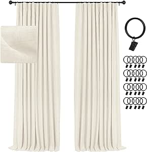 INOVADAY Blackout Curtains, 2-Panel Linen Textured 100% Thermal Insulated Room Darkening Sun Blocking Drapes for Bedroom, Nursery, Living Room + 20 Curtain Ring Clips - LightCream W50”xL108”