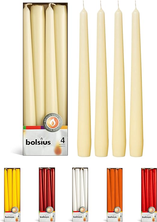 BOLSIUS Ivory Taper Candles - 4 Pack Unscented 10 Inch Dinner Candle Set - 8 Hours Burn Time - Premium European Quality - Smokeless and Dripless Household, Wedding, Party, and Home Decor Candlesticks