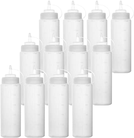 Bekith 12 Pack 500ML/16 Oz Wide Mouth Plastic Squeeze Condiment Bottles with Twist On Cap Lids and Discrete Measurements, Empty Squirt Bottle for Sauce, Ketchup, Paint