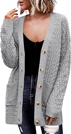 Zeagoo Womens 2024 Long Sleeve Chunky Cable Knit Fall Cardigans Sweaters Button Down Open Front Outerwear with Pockets