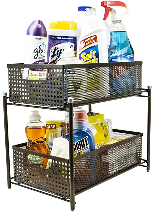 Sorbus 2 Tier Organizer Baskets with Mesh Sliding Drawers —Ideal Cabinet, Countertop, Pantry, Under the Sink, and Desktop Organizer for Bathroom, Kitchen, Office, etc.—Made of Steel (Bronze)