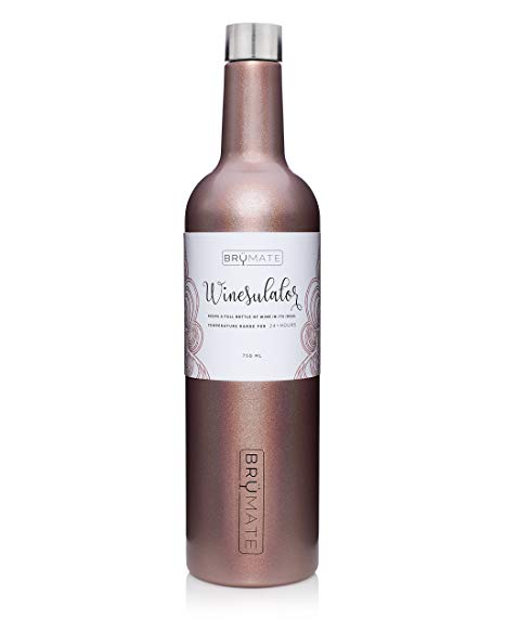 BrüMate Winesulator 25 Oz Triple-Walled Insulated Wine Canteen Made Of Stainless Steel, 24-hour Temperature Retention, Shatterproof, Comes With Matching Silicone Funnel (Glitter Rose Gold)