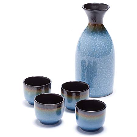 Oenophilia Osaka Sake 5-Piece Set, Durable Japanese Sake Ceramic Set Featuring 1 Tokkuri Bottle and 4 Ochoko cups