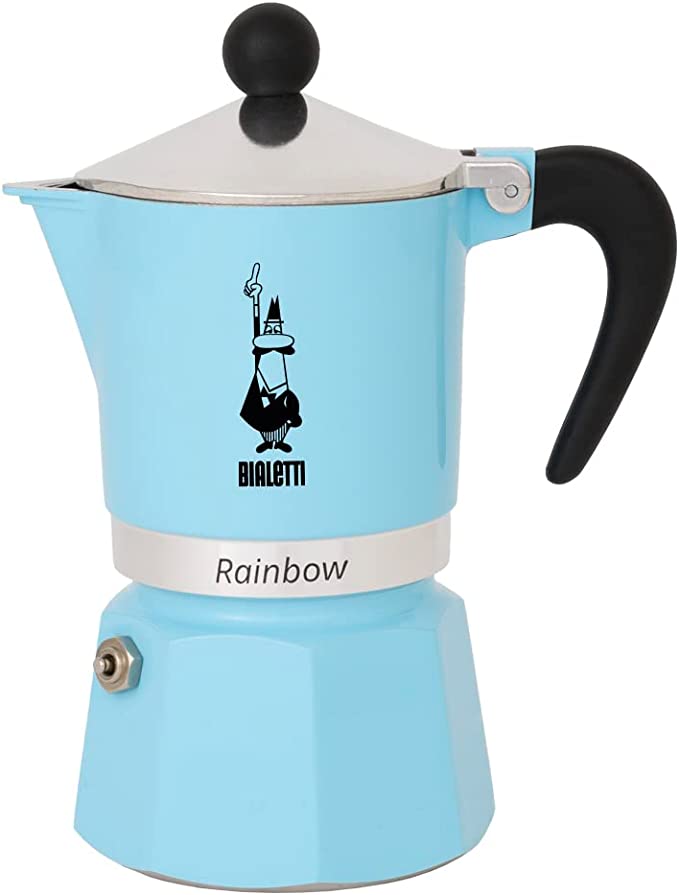 Bialetti Rainbow Caffettiera Colorata, Alluminio, Azzurro, 1 Tazza, Light Blue, 30 x 20 x 15 cm