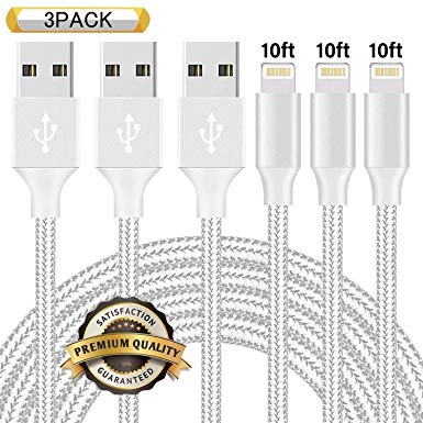 iPhone Charger,Ulimag MFi Certified Lightning Cable 3 Pack 10FT Extra Long Nylon Braided USB Charging & Syncing Cord Compatible iPhone Xs/Max/XR/X/8/8Plus/7/7Plus/6S/6S Plus/SE/iPad/Nan Silver