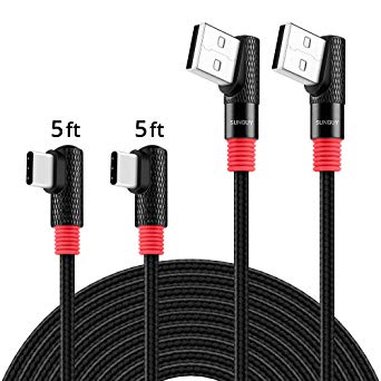 Right Angle USB-C Cable,SUNGUY (2-Pack,5ft x2) Braided 90 Degree Max 5V/2.4A 12W Type-C Fast Charging & Data Sync Cable for Samsung Galaxy S9 S8 Plus,Google Pixel 2XL,OnePlus 5T,Moto Z Z2 and More