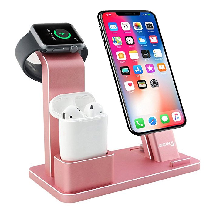 APANAGE Life Dock - Apple Watch Stand Aluminum Charging Docks Holder 4 in 1 iPhone Charger Station for Apple Watch Series 3/2/1/ AirPods/ iPhone X/8/8Plus/7/7Plus /6S /6S Plus/ iPad Mini (Rose Gold)