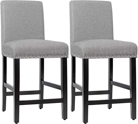 COSTWAY Bar Stools Set of 2, Upholstered Counter Height Bar Stools w/Rubber Wood Legs, Breathable Linen Fabric, High Resilience Sponge, Padded Seat, for Kitchen Dining Room (Gray, 2)