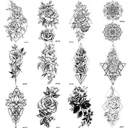 COKTAK 12Pieces/Lot Sexy Realistic Flower Temporary Tattoos For Women Girls Body Art Black Small Rose Waterproof Geometric Adult Fake Tattoo Stickers