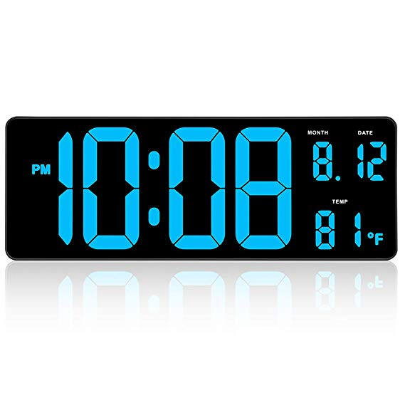 DreamSky 14.5 Inches Extra Large LED Digital Clock with Date Indoor Temperature Display, Oversized Desk Office Wall Clock with Fold Out Stand, Large Number Display, Auto DST Time Change (Light Blue)