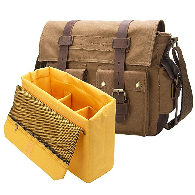Peacechaos Messenger Bag Leather Canvas Shoulder Bookbag Laptop Bag   Dslr Slr Camera Canvas Shoulder Bag