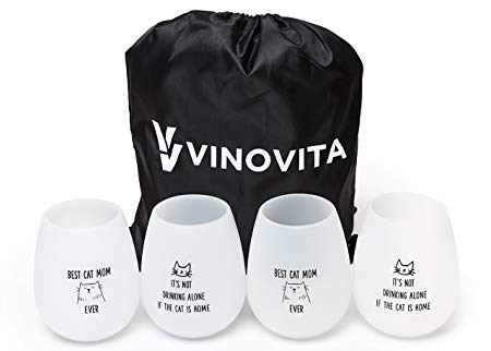 Silicone Wine Glasses (Set of 4) with Bag by Vinovita | Unbreakable Rubber Drinking Cups | Elegant and Funny Gift | Durable and BPA Free | Great for Outdoor Parties, Pool, Beach, BBQ, Camping | cat