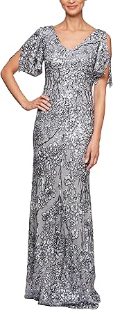 Alex Evenings Women's Long Sequin Dress with Flutter Sleeves, Silver, 12