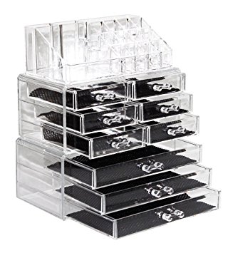 SortWise ® [DIY Buildable - L] Detachable 9 Drawers Cosmetic Makeup Cosmetics Organizer Clear Acrylic Storage Container Box Case Multipurpose / 9.4" X 11.88" X 5.5" , 3 pieces set