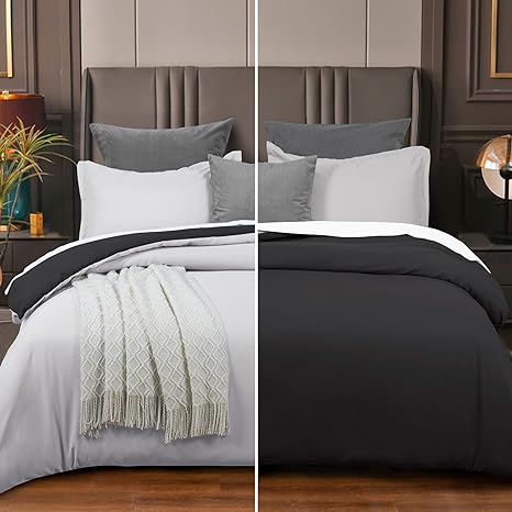 PHF Washed Soft Reversible Duvet Cover Set King Size, 3 PCS Silky Breathable Microfiber Comforter Cover Set with Zipper Closure and Corner Ties(104" x 90", King Size, Light Grey & Black)