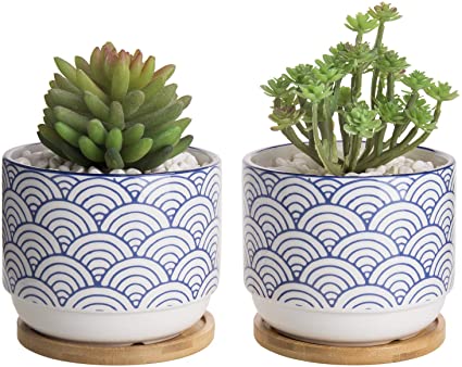 MyGift 5-inch Blue & White Japanese Style Wave Ceramic Planter with Removable Bamboo Tray, Set of 2