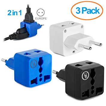 European Plug Adapter by Yubi Power 2 in 1 Universal Travel Adapter with 2 Universal Outlets - 3 Pack - Black White Blue - Type C for Europe, France, Germany, Russia, Spain & more..