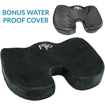 Flash Sale! Pijio Coccyx Orthopedic Comfort Memory Foam Seat Cushion - Water Proof Cover Included Free - Relieves Sciatica, Back Pain, Tailbones, Spine, Hips (Black)