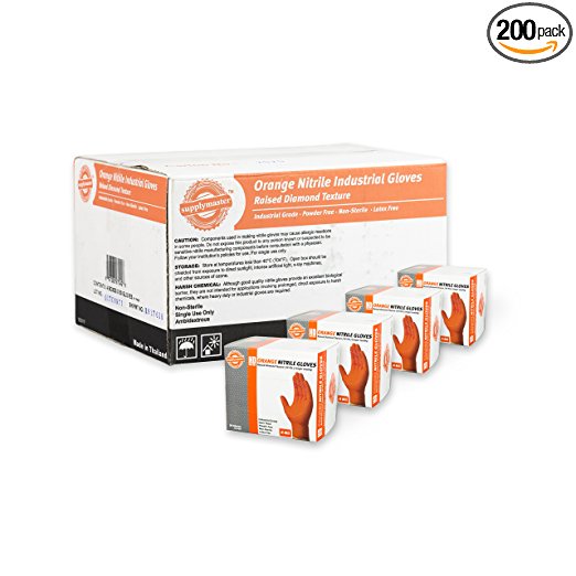 SupplyMaster - SMDTON8M - Diamond Texture Nitrile Gloves - Disposable, Powder Free, Industrial, 8 mil, Medium, Orange (Case of 200)