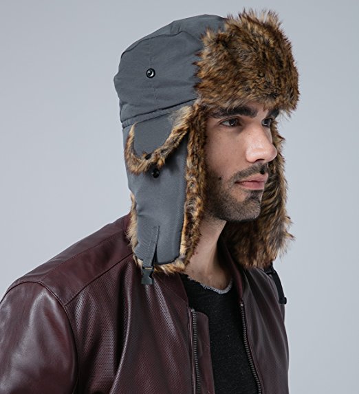 Tough Headwear Trapper Hat with Faux Fur - Ushanka Bomber Hat for Winter Style. Waterproof Shell. One Size fits Most