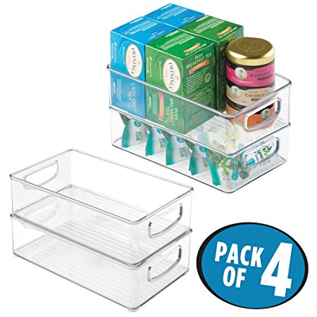 mDesign Kitchen Cabinet and Pantry Storage Organizer Bins - Pack of 4, Shallow, Clear