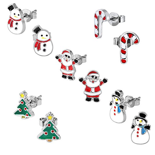 Kids Christmas Stud Earring Set - Pack of 5 Pairs Hypoallergenic Christmas Gift Earrings for Girls Teens Women Earrings Including Red Santa Claus, Candy Cane, White Snowman, Green Christmas Tree