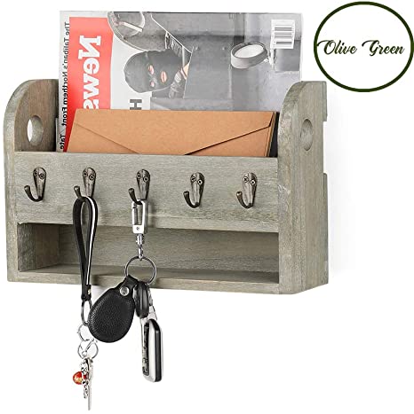 Wood Mail & Key Holder Organizer Wall Mounted with 5 Key Hooks Rack Hanger Letter Sorter for Entryway Home Office Mudroom Kitchen, Olive Green