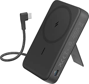 Anker Zolo magnetische Powerbank, 10.000mAh kabelloses tragbares Ladegerät mit 30W Max. Schnellladen, mit integriertem USB-C Kabel und verstellbarem Ständer, für iPhone 16/15 Serie, AirPods und mehr