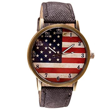 Vintage Vogue American Flag pattern Ninasill Leather Quartz Analog Canvas Strap Watch(Black)