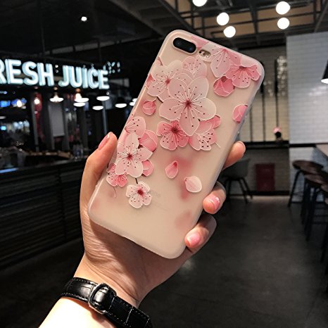 iPhone 8 plus case, iPhone 7 plus 3D Printed Flower Case, ultra thin flexible case, Shock-proof Crystal Silicone TPU Case for iPhone 8 plus iPhone 7 plus (HD 3D Flower Print) (3D Cherry Blossom Print)