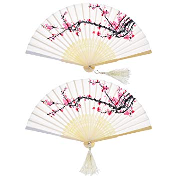 2 Pieces Folding Fans Handheld Fans Bamboo Fans with Tassel Women's Hollowed Bamboo Hand Holding Fans for Wall Decoration, Gifts (White Cherry)