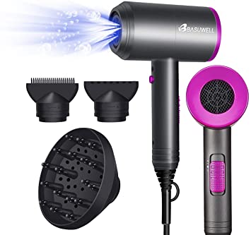 Basuwell Hair Dryer Women 1800W Powerful Ionic Hairdryer with Diffuser and Concentrator Lightweight Professional Blow Dryer Adjustable Wind Speed Fast Dry Dryer for Home Salon Travel