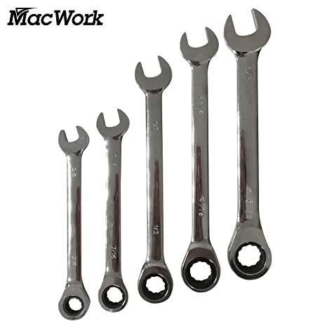 MacWork 5-Piece Comination Ratcheting Wrench Set SAE sizes 3/8 to 5/8in.with 50BV30 Ratcheting Gear with 72 Tooth Ratchet Mechanism (SAE sizes)