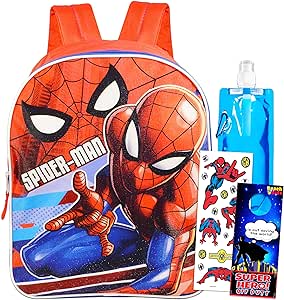 Spiderman School Bag Backpack for Kids - 4 Pc Bundle With 16" Marvel Spiderman Travel Backpack for Boys Girls, Water Bottle, Stickers, And More (Spiderman School Supplies)