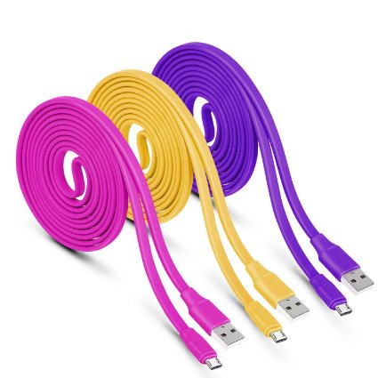 Micro Charging Charger (6ft), Magic-T USB Cable Charger Fast Speed Data Cords PVC Flat Wire [3 in Pack] for Samsung Galaxy S7 S6 Edge, HTC M9, LG G4, Xbox One, PS4 other Android Smart Phone (Yellow&Rose&Purple)