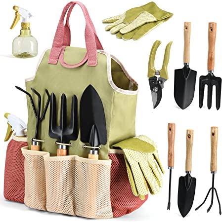 Gardening tools Set of 10 - Complete Garden Tool Kit Comes With Bag & Gloves,Garden Tool Set with Spray Bottle Indoors & Outdoors - Durable Garden Tools Set Ideal Garden Tool Kit Gifts for Women & Men
