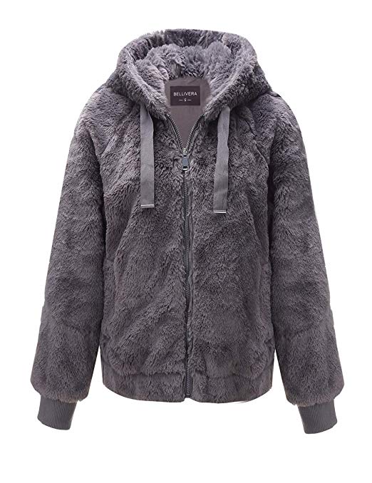 Bellivera Women’s Faux Fur Coat with 2 Side-Seam Pockets, The Fuzzy Jacket with Hood, for Spring Fall and Winter