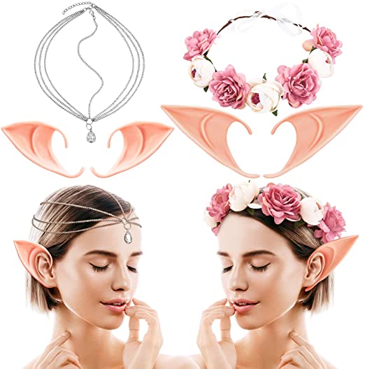 Skylety 4 Pieces Halloween Elf Ears 1 Piece Jewelry Head Chain 1 Piece Flower Wreath Headband for Halloween Party Props Dress Up Costume Cosplay Accessories