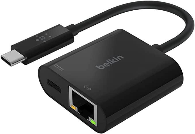 Belkin USB C to Ethernet   Charge Adapter - Gigabit Ethernet Port Compatible with USB C Devices - USB C to Ethernet Cable for MacBook Air, MacBook Pro & Windows - Ethernet to USB C Adapter - Black