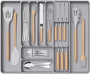 Lifewit Silverware Organizer for Kitchen Drawers, Expandable Utensil Tray with Removable Knife Block, Adjustable Cutlery and Flatware Holder, Plastic Spoon Forks Holder Storage Divider, Large, Gray