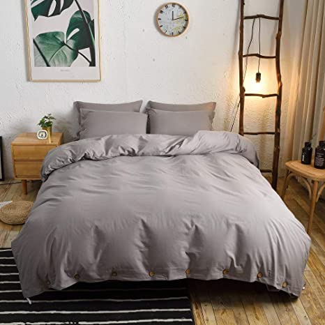 M&Meagle 3 Pieces Grey Duvet Cover King,100% Washed Cotton Duvet Cover with Button Closure,Ultra Soft Natural Cotton Bedding Set-King Size(1 Duvet Cover 2 Pillowcases)