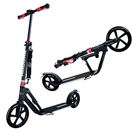 Hudora 230 Big Wheel Kick Scooter for Teen Adult - 230MM & 205MM Wheel, 17.7-Inch x 5.5-Inch Deck, Fold Down, Height Adjustable, Rear Friction Brake City Scooter - Black/White