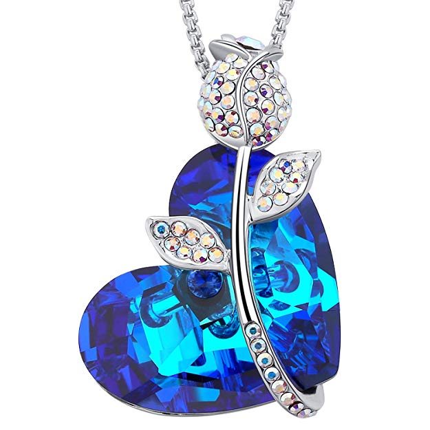 MEGA CREATIVE JEWELRY Blue Heart Rose Sapphire Pendant Necklace with Crystals from Swarovski